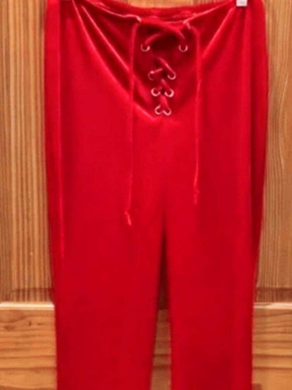 Red Lace Up Velvet Bell Bottom Pants
